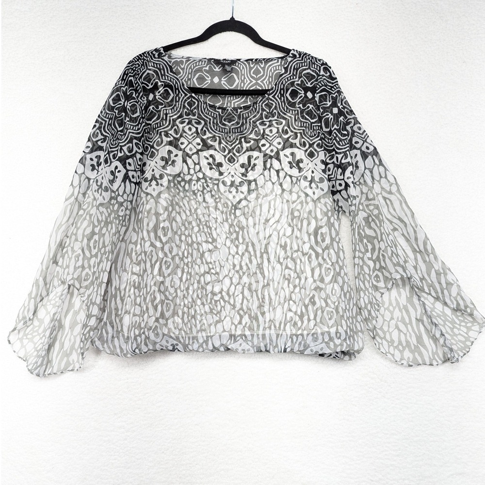 Alfani Women's Blouse L Large Sheer Black White Print Long Sleeve Top